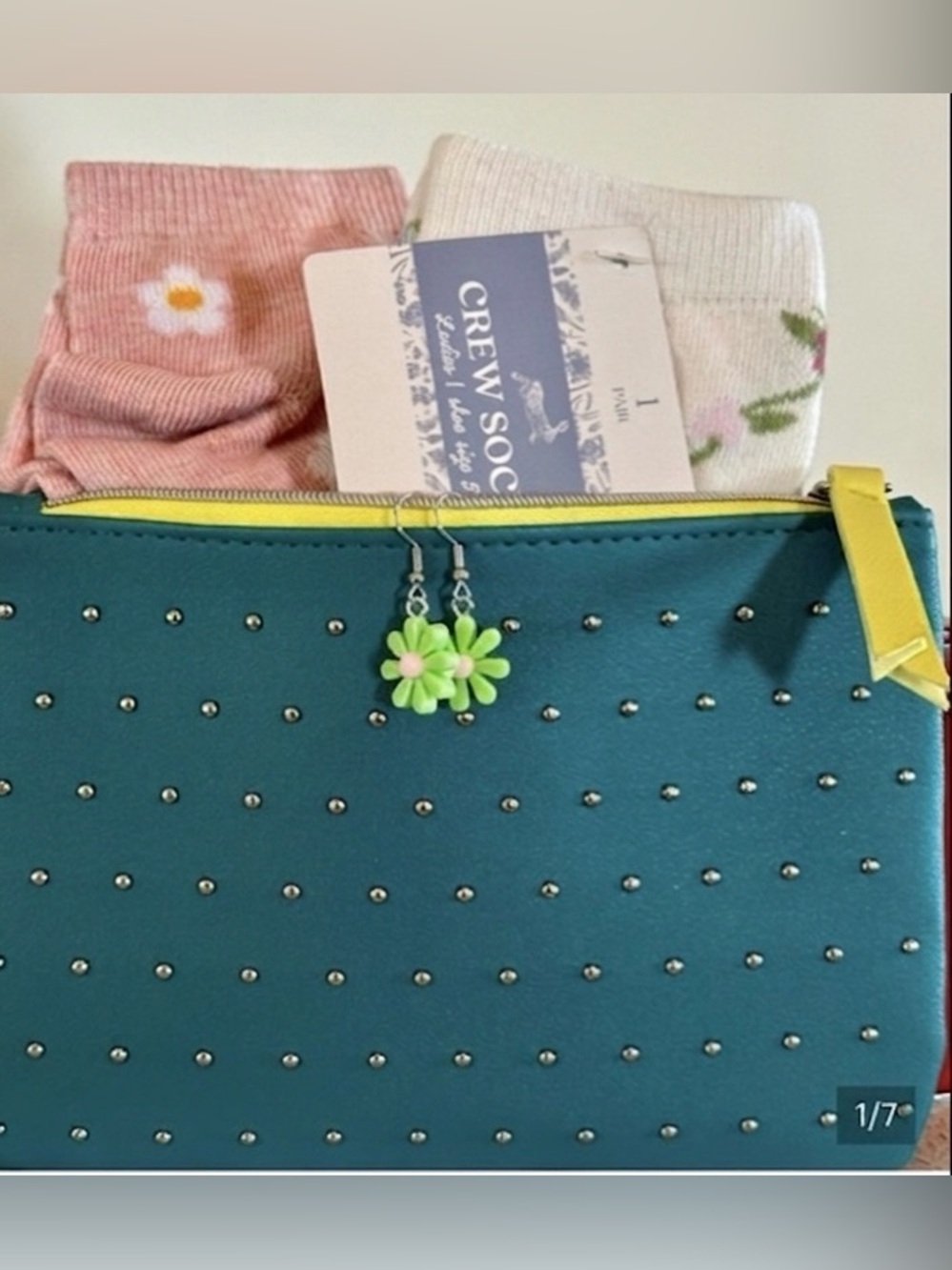 IPSY Teal Studded Wristlet Clutch with Yellow Trim - and packed with goodies -